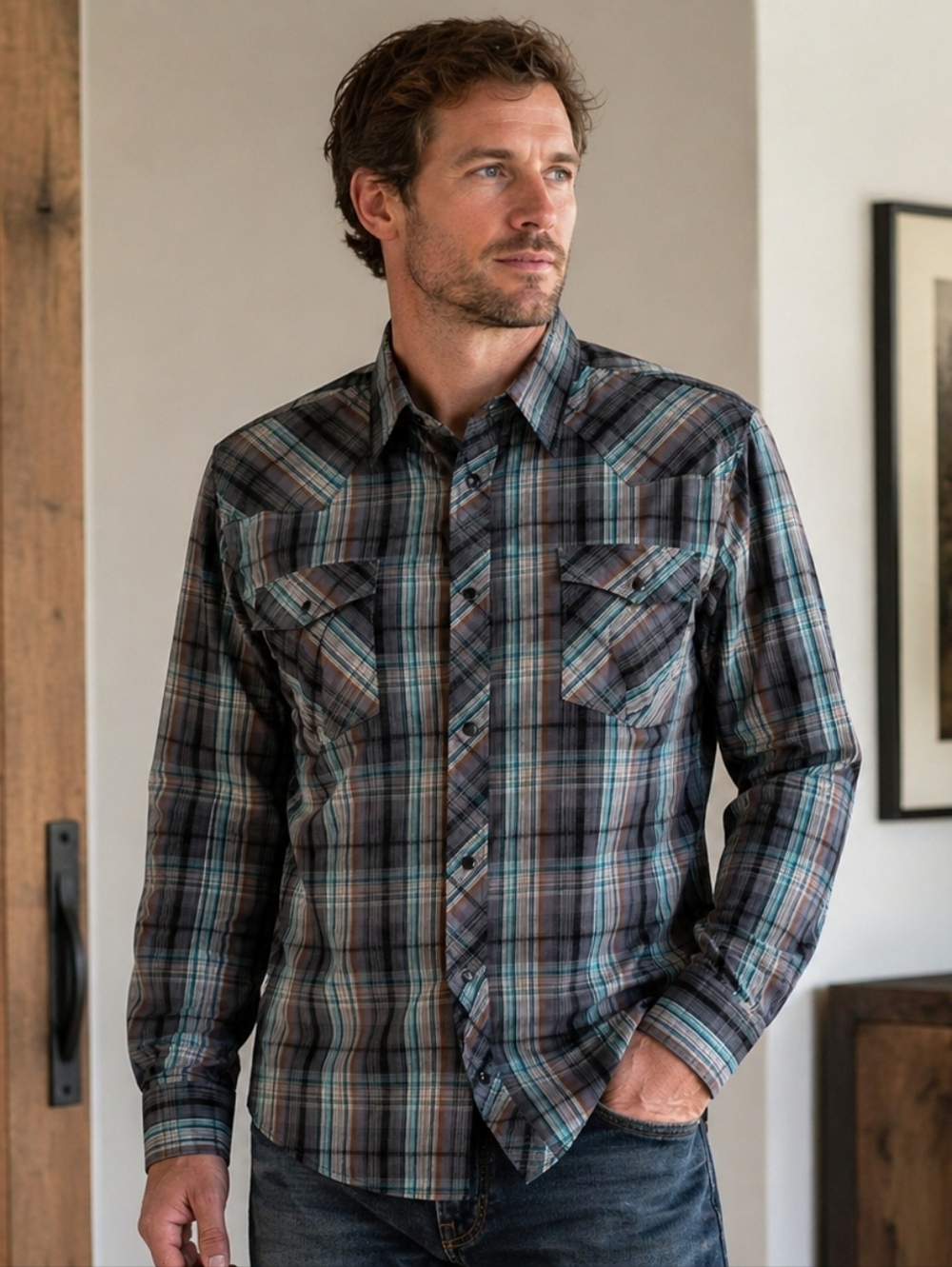 Coastal Men's Large Western Plaid Pearl Snap Shirt Gray Teal Long Sleeve Pockets